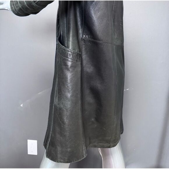 Black Leather Fur-Trim Trench Coat W/ Gold Buttons - Picture 10 of 15